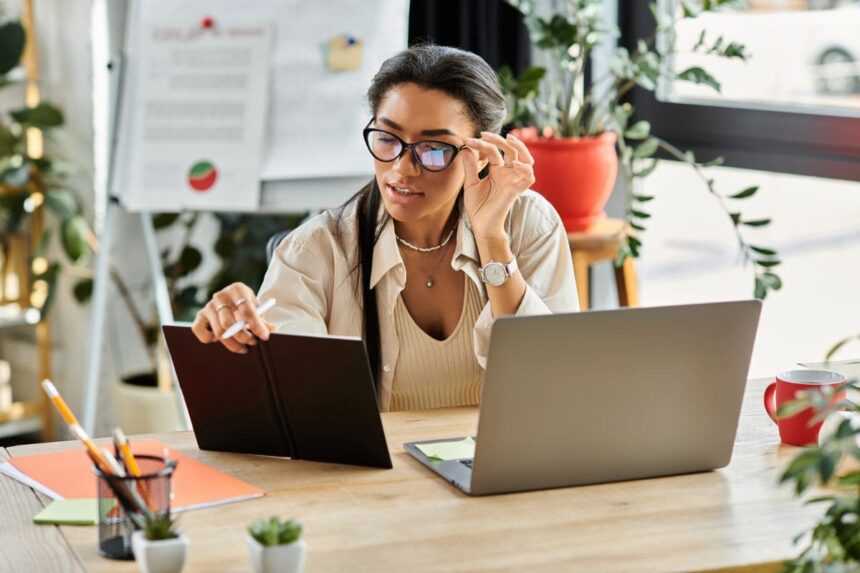 A work at home appointment setter working from her home office.